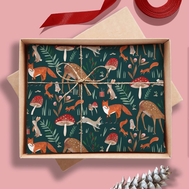 Papel De Seda Bosque de Navidades verdes de animales de la huert (Cute Woodland Animals Green Christmas Forest Tissue Paper)