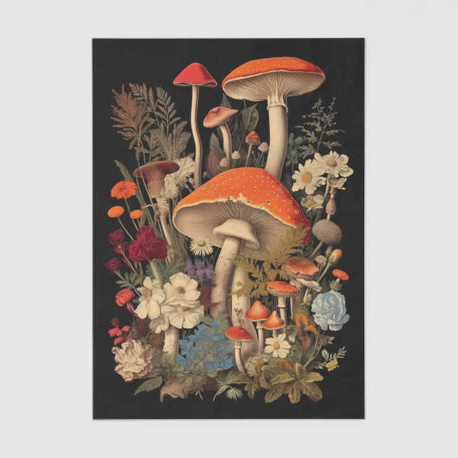 Papel De Seda Botanical Mushrooms & Flowers on Black Background (Anverso)