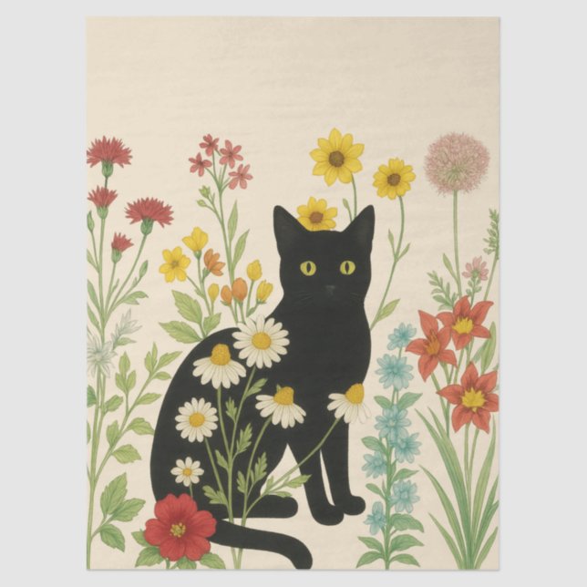 Papel De Seda Botanical Nature – Black Cat in Wildflower Garden (Anverso)