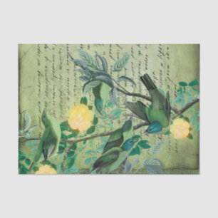 Papel De Seda Botánico de pájaros verdes vintage