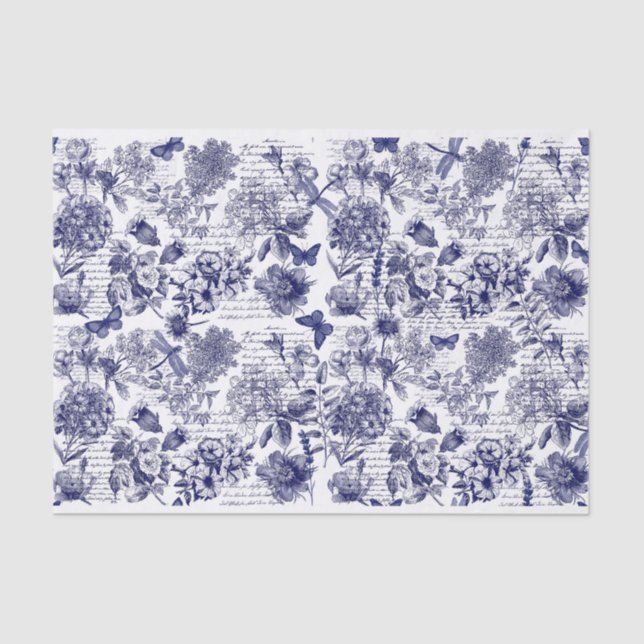 Papel De Seda Botánicos en azul con desconexión de guiones (Anverso)