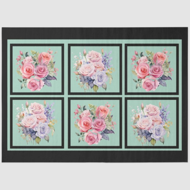 Papel De Seda Bouquets rosas y azules con mosaico (Anverso)