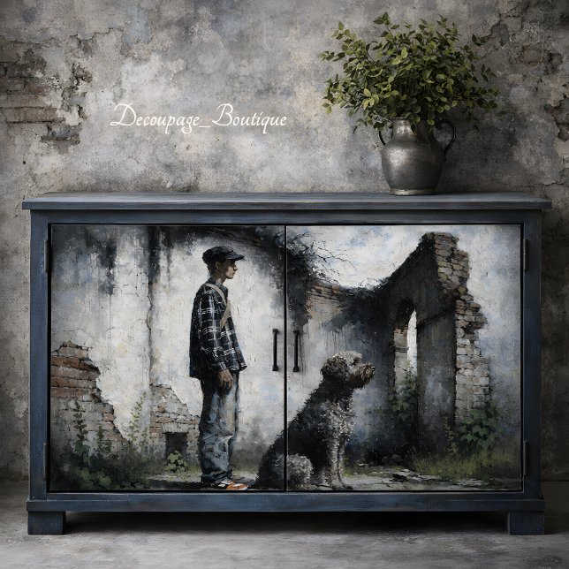 Papel De Seda Boy and Loyal Dog in Ruins Blue Gray Decoupage (Boy and Loyal Dog in Ruins Blue Gray Decoupage Tissue Paper Mockup)