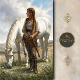 Papel De Seda Braided Girl With White Horse Meadow Decoupage