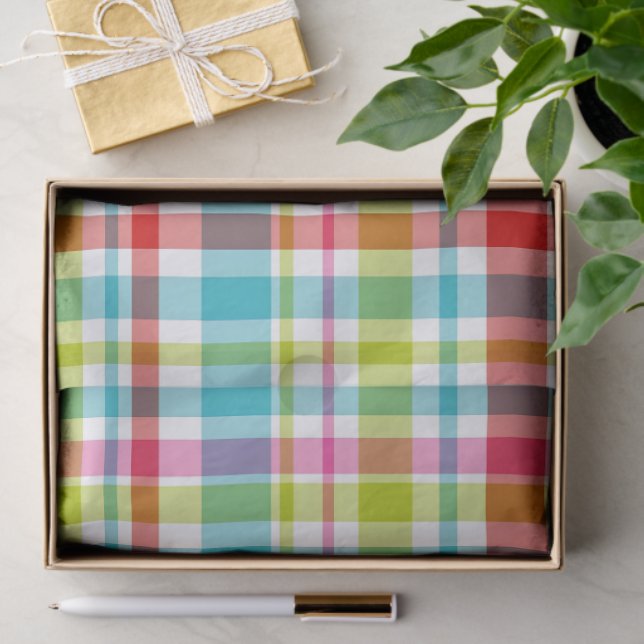 Papel De Seda Bright Rainbow Plaid Checkered Pattern (Regalo )