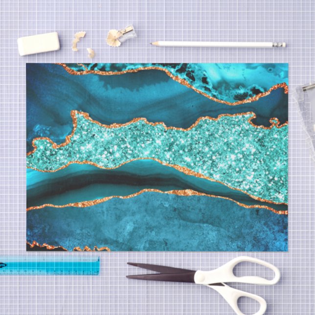 Papel de seda brillante azul teal dorado (Artesanía)