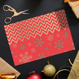 Papel De Seda Brillantes copos de nieve dorados en Chevron rojo 