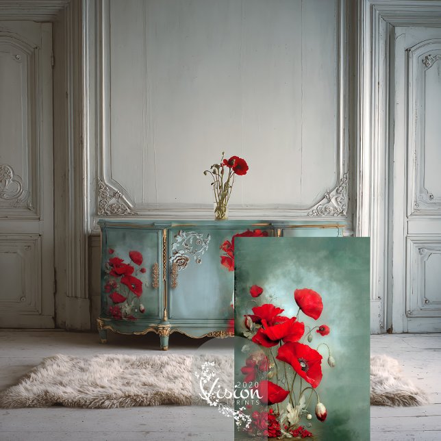 Papel De Seda Brillantes Rojos Poppies Turquesa Verde azulado (Vibrant Poppies, Botanical Art, Red and turquoise teal, long stem flowers decoupage tissue paper.)