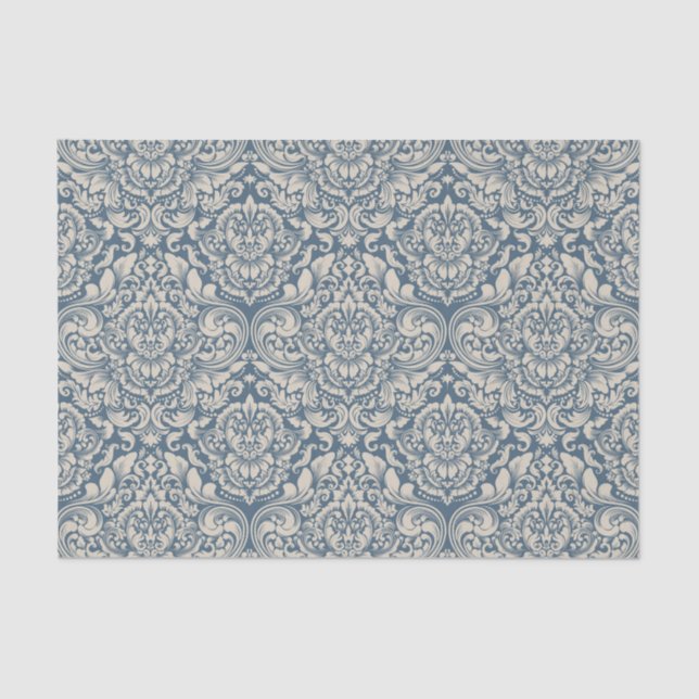 Papel De Seda Brocade barroco azul de damasco en blanco (Anverso)