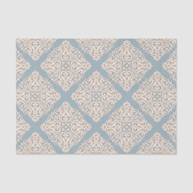 Papel De Seda Brocade barroco de damasqueros sobre desenlace azu (Anverso)