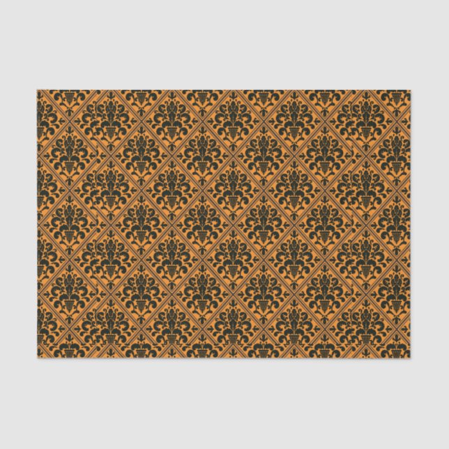 Papel De Seda Brocade Damask Black de Halloween en Naranja (Anverso)