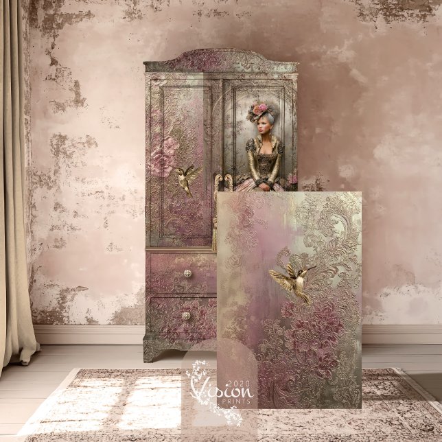 Papel De Seda Bronze Blush, Gold Hummingbird, Embossed Floral (Bronze Blush Gold Hummingbird, Flower Embossed Patina, Metallic Effects Decoupage Tissue Paper)