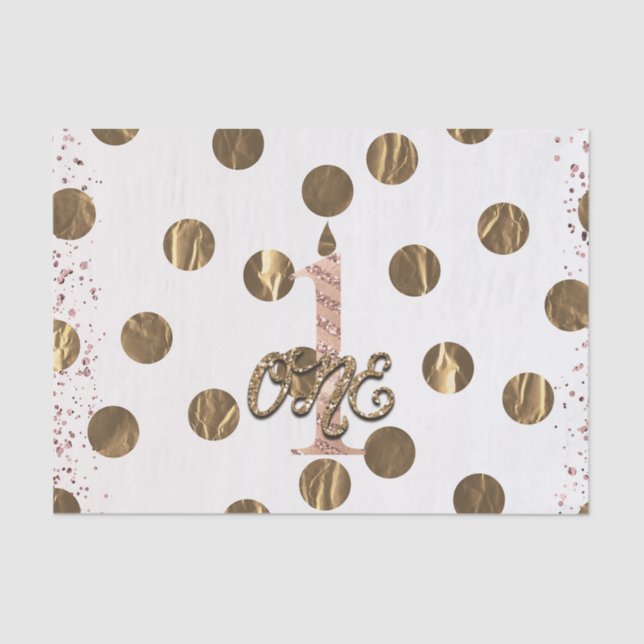 Papel De Seda Bronze Polka Dots Rosa Oro UNO Primer Cumpleaños (Anverso)