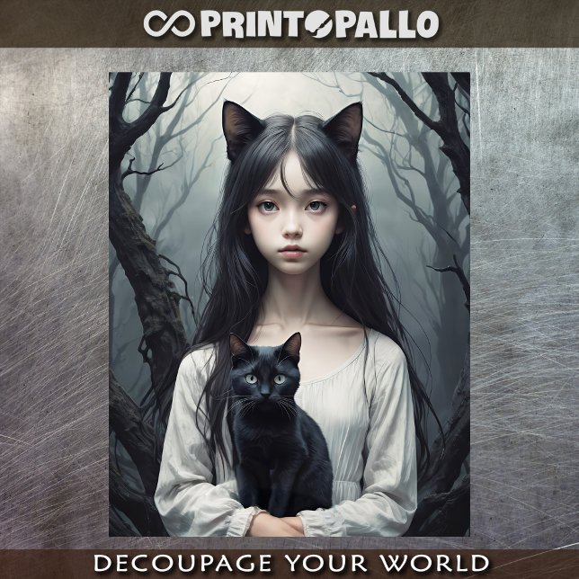 Papel De Seda Bruja asiática peluda con gato negro (Subido por el creador)