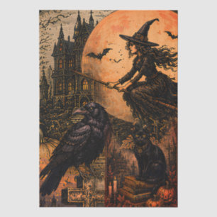 Papel De Seda Bruja de fantasía Cuervo y gato negro Halloween