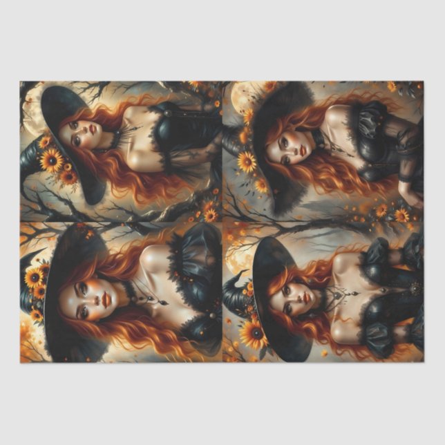 Papel De Seda Bruja de girasol otoñal con el pelo rojo feroz (Anverso)