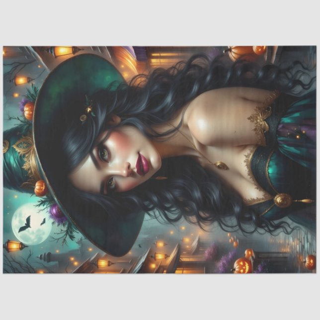 Papel De Seda Bruja de Halloween con luces de linterna con calab (Anverso)