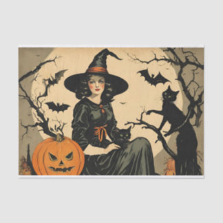 Papel De Seda Bruja de Halloween vintage, calabaza, gato negro,