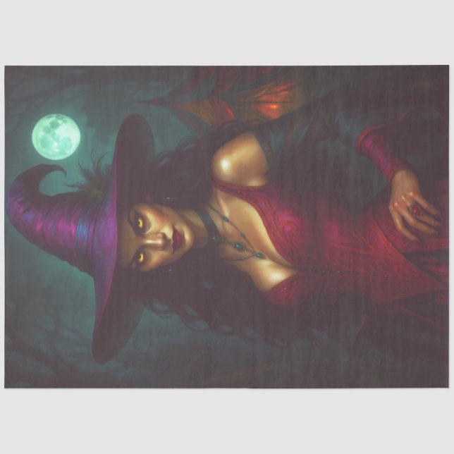 Papel De Seda Bruja en rojo con luna llena - Halloween gótico (Anverso)