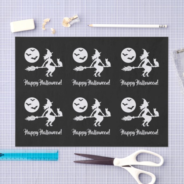 Papel De Seda Bruja En Una Escoba Negro Y Blanco Feliz Halloween (Artesanía)