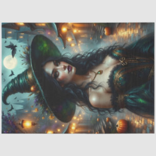 Papel De Seda Bruja gótica de Halloween con calabazas y luna