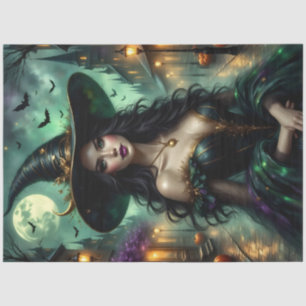 Papel De Seda Bruja gótica de Halloween con murciélagos y calaba