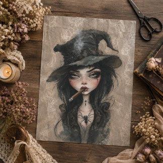 Papel De Seda Bruja Gótica Fumando Puro Halloween Decoupage