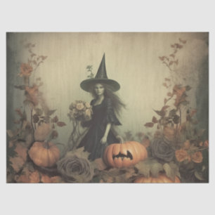 Papel De Seda Bruja gótica sepia con calabazas y rosas de otoño
