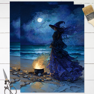 Papel De Seda Bruja junto al mar iluminado por la luna Decoupage