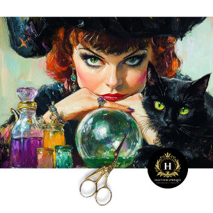 Papel De Seda Bruja Mística y Gato Negro de Halloween Decoupage