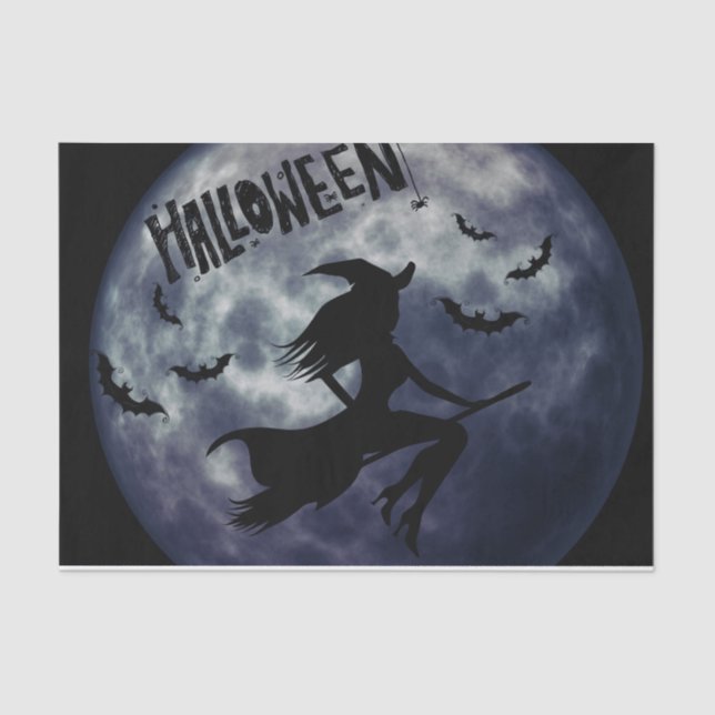 Papel De Seda Bruja voladora de Halloween con luna llena (Anverso)