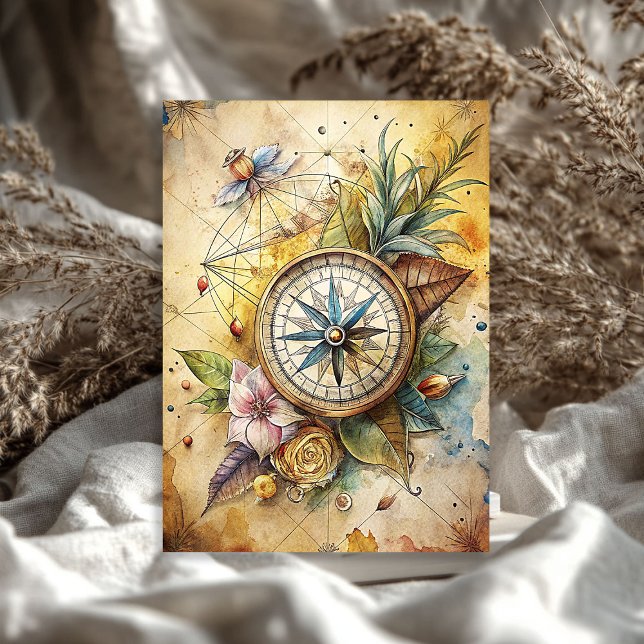 Papel De Seda Brújula floral retro de viaje de verano acuarela (Watercolor summer travel retro floral compass tissue paper)