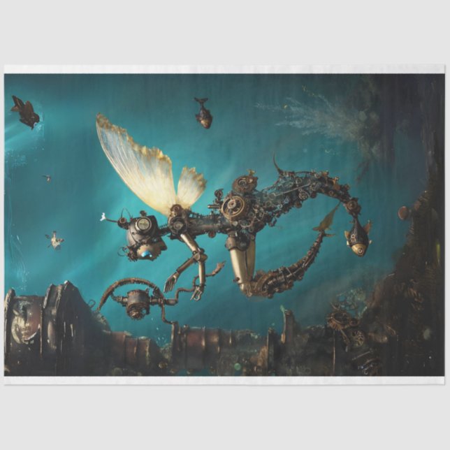 Papel De Seda Buceador submarino Steampunk Decoupage Verde azula (Anverso)