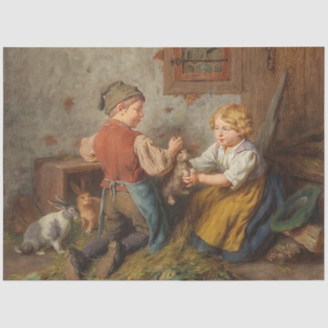 Papel De Seda Buenos Amigos (Jóvenes Jugando Con Conejo Mascota) (Anverso)