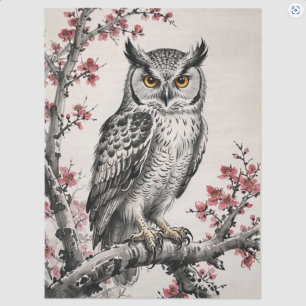 Papel De Seda Búho Caprichoso en una Rama Pintura a Tinta