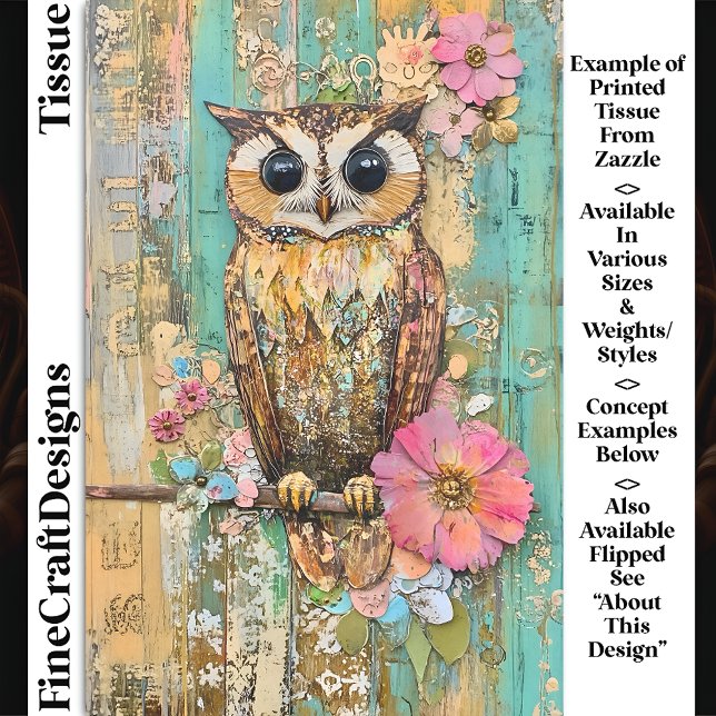 Papel De Seda Búho de Medios Mixtos Texturizados, Decoupage Rúst (Subido por el creador)
