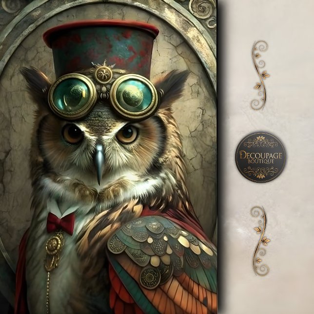 Papel De Seda Búho Steampunk Arte Antiguo Caprichoso Decoupage (Steampunk Owl Portrait – Whimsical Vintage Art Decoupage Tissue Paper)