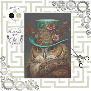Papel De Seda Búho Steampunk con sombrero de teal y plumas