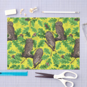 Papel De Seda Búhos en el bosque sobre amarillo limón
