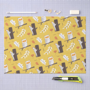 Papel De Seda Búhos Lindos y Carpinteros Mostaza Amarillo Bosque