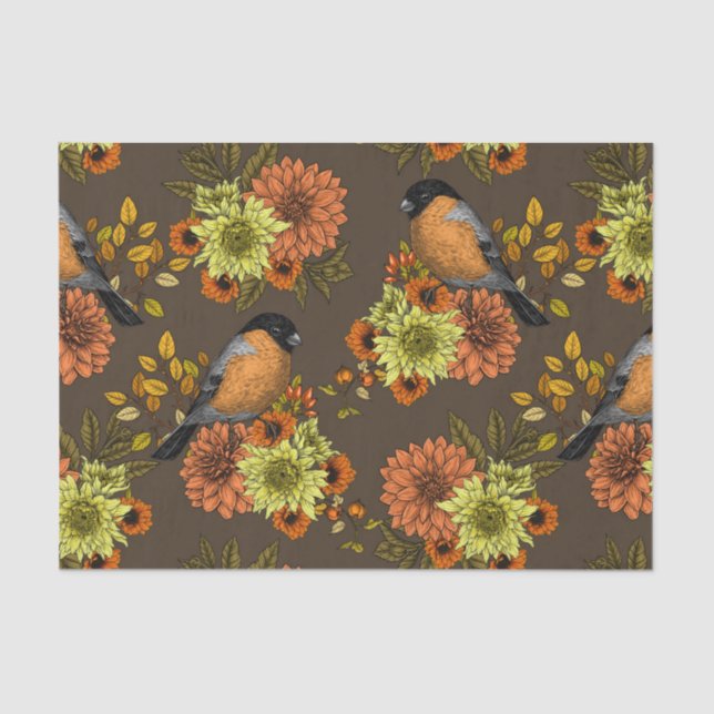 Papel De Seda Bullfinch en florales otoñales (Anverso)