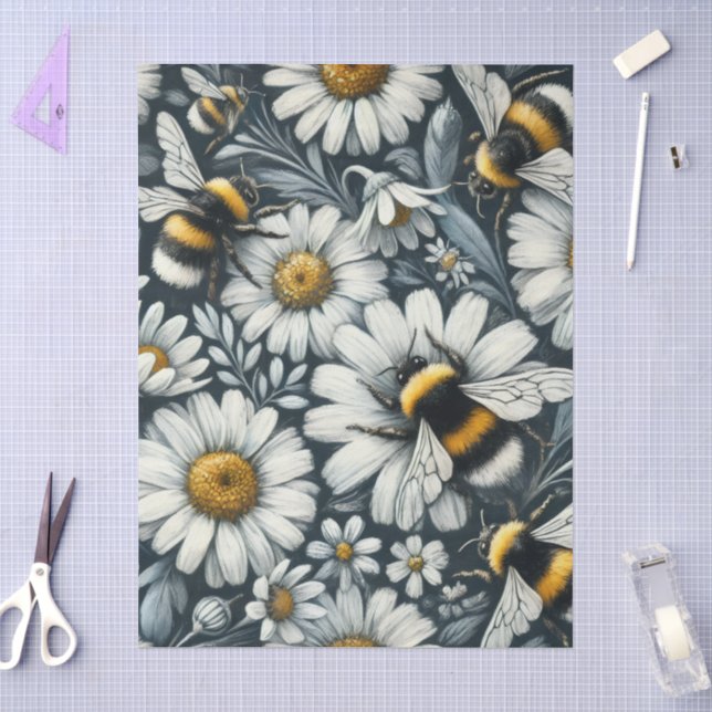 Papel De Seda Bumble Bees & Daisies Floral Decoupage (Artesanía)