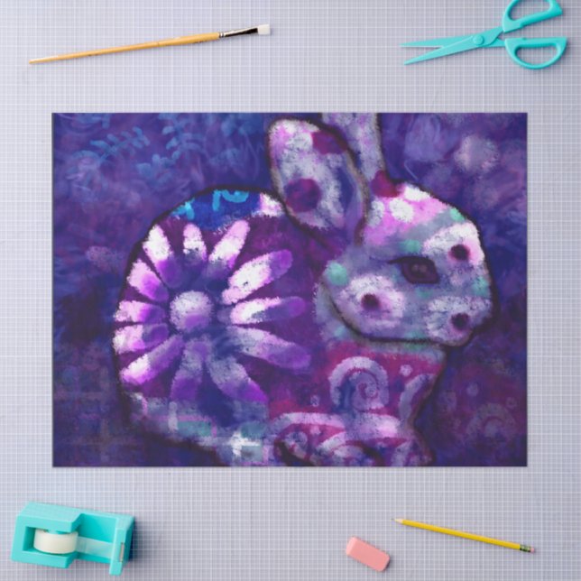Papel De Seda Bunny Abstract Rabbit Blue Purple Floral Decoupage (Artesanía)
