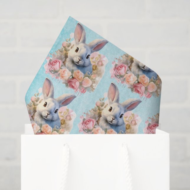 Papel De Seda Bunny with a Garland of Roses Cute Pattern (Bolsa de regalo)