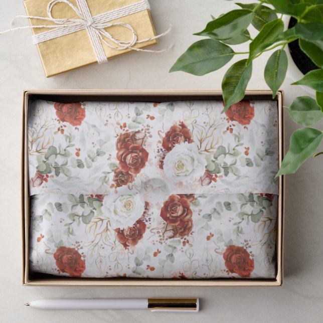 Papel De Seda Burgundy Rojo Floral Botánico Hoja de Oro (Regalo )