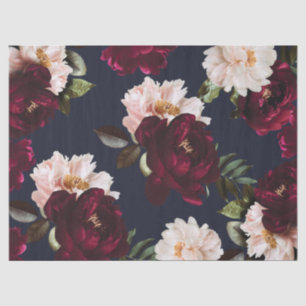 Papel De Seda Burgundy Rubor Azul Marino Floral Peonías Oscuras 