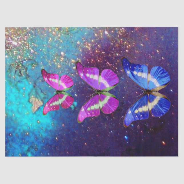PAPEL DE SEDA BUTTERFLAS AZULES DE PÚRPURA ROSA EN DERRAMES DE O (Anverso)