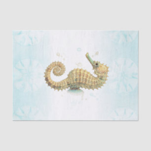 Papel De Seda Caballito de mar azul teal y dorado acuarela playa