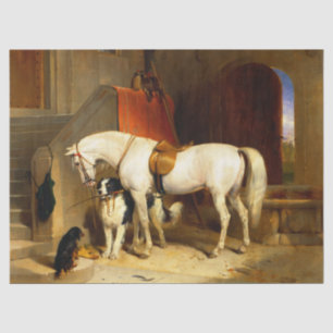 PAPEL DE SEDA CABALLO BLANCO CON PERROS Y FALCONS EN ESTABLE