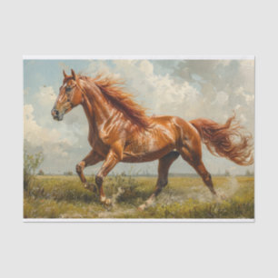 Papel De Seda Caballo Castaño Galopando Pintura al Óleo Decoupag